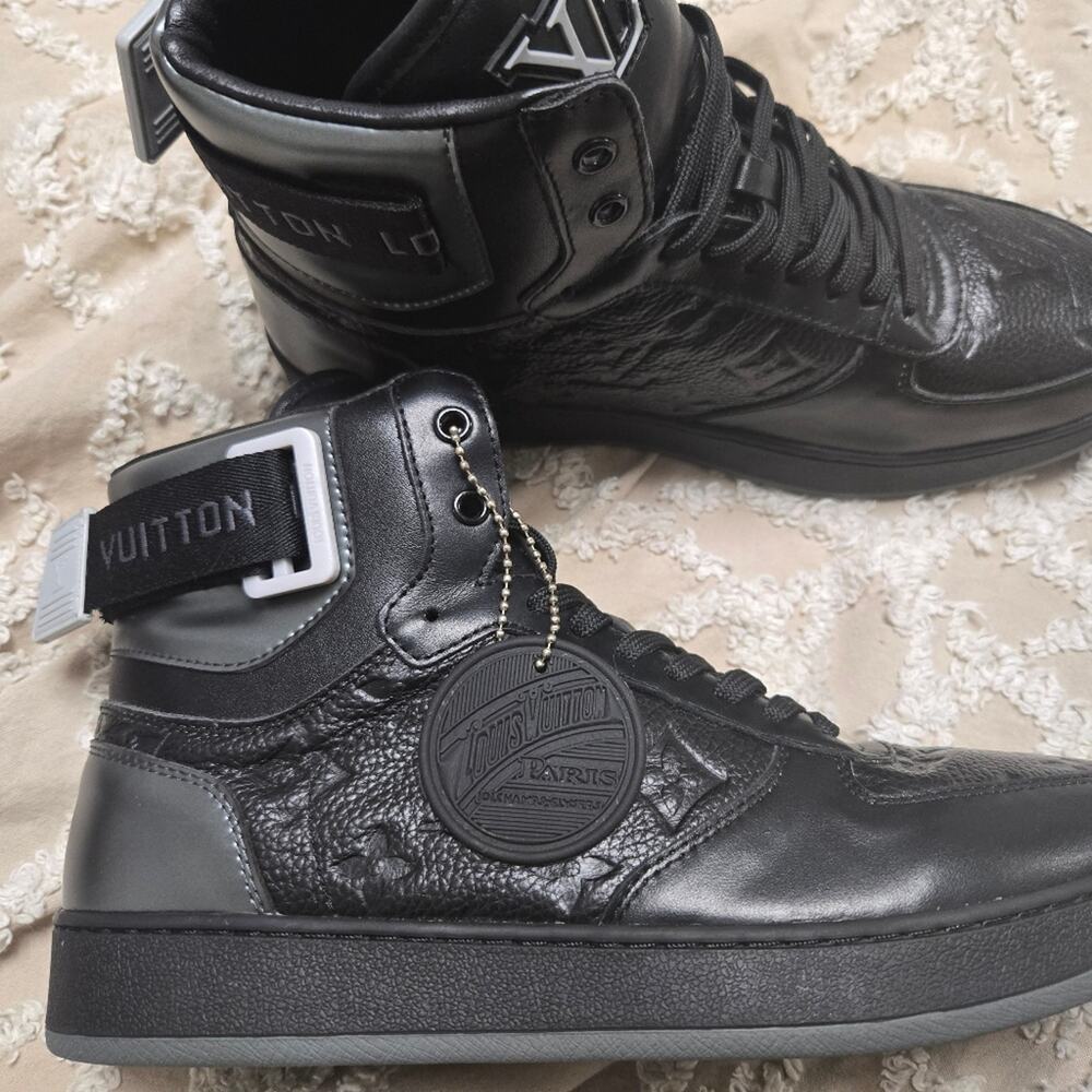 LOUIS VUITTON Rivoli Ankle Sneakers, Black Monogram With Silver, Size 40, Mens 7